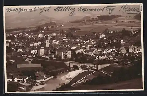 AK Mürzzuschlag, Ortsansicht mit Fluss und Eisenbahnbrücke