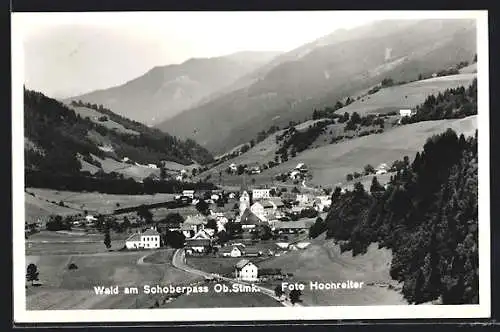 AK Wald am Schoberpass, Ortsansicht mit Tal und Berghintergrund