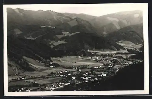 AK St. Michael ob Leoben, Ortsansicht aus der Vogelschau mit Bergpanorama