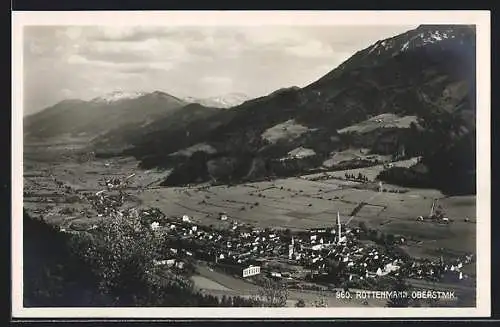 AK Rottenmann /Oberstmk., Berg- und Talpanorama mit blühenden Bäumen