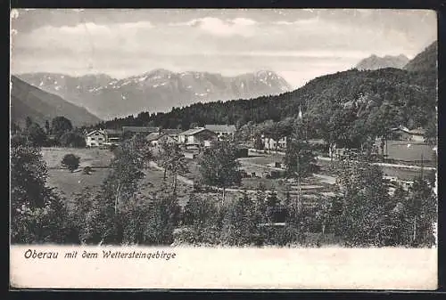 AK Oberau / Ettal, Ortsansicht mit dem Wettersteingebirge