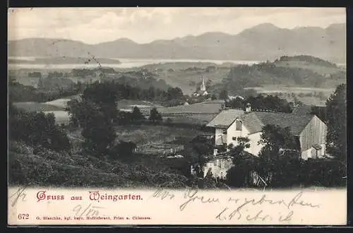 AK Weingarten / Chiemsee, Teilansicht mit der Kirche im Hintergrund