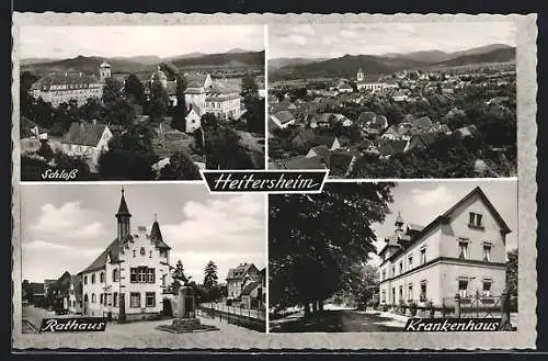 AK Heitersheim, Das Schloss, das Rathaus mit Kriegerdenkmal, das Krankenhaus