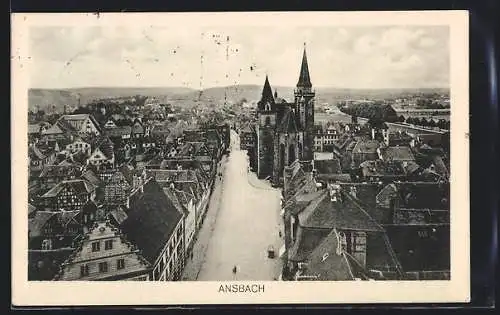 AK Ansbach / Mfr., Teilansicht mit der Kirche aus der Vogelschau