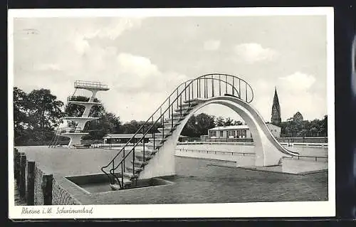 AK Rheine i. W., Rutsche und Sprungturm im Schwimmbad