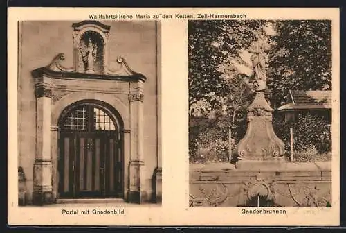 AK Zell-Harmersbach, Die Wallfahrtskirche Maria zu den Ketten, Portal mit Gnadenbild, Gnadenbrunnen
