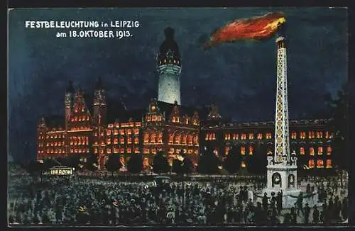 AK Leipzig, Festbeleuchtung zur Weihung des Völkerschlachtdenkmals 1913