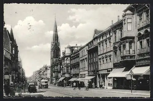 AK Herne, Blick zur Kirche in der Bahnhofstrasse