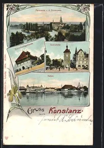 AK Konstanz, Panorama der Stadt v.d. Seestrasse aus, am Conciliumsgebäude, das Schnetztor, im Hafen