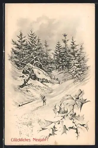 Künstler-AK M. Munk Nr. 102: Mann mit Tanne in winterlicher Landschaft, Neujahrsgruss