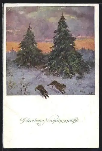 Künstler-AK M. Munk Nr. 1273: Winterlandschaft mit Tannen und Hasen, Neujahrsgruss