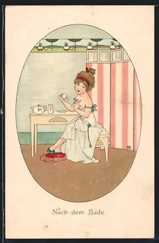 Künstler-AK Mädchen hat Tee nach dem Bade