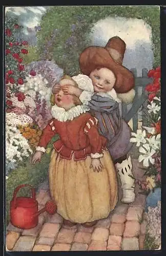 Künstler-AK Susan Beatrice Pearse: Kleines Paar beim Spiel zwischen Blumen