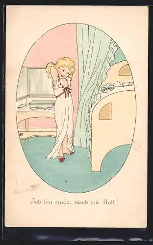 Künstler-AK M. Munk Nr. 905: Ich bin müde, rasch in's Bett!