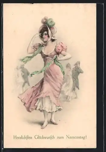 Künstler-AK M. Munk Nr. 519: Junge Dame im rosafarbenen Kleid, Glückwunsch zum Namenstag