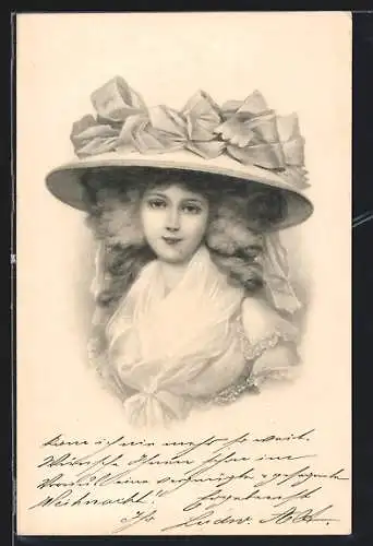 Künstler-AK M. Munk Nr. 380: Portrait einer jungen Dame mit rosa Schleifen am Tellerhut