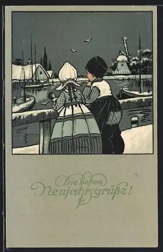 Künstler-AK M. Munk Nr. 432: Rückenansicht von holländischem Kinderpaar, Im Hintergrund Windmühle, Neujahrsgruss