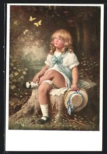 Künstler-AK M. Munk Nr. 1360: Mädchen schaut Schmetterlingen nach