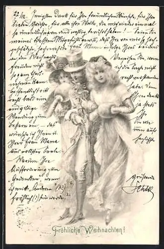 Künstler-AK M. Munk: Herr hakt sich bei zwei Fräuleins ein, Weihnachtsgruss