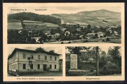 AK Seitendorf a. K., Fritz Zoches Gasthof und Gerichtskretscham, Kriegerdenkmal