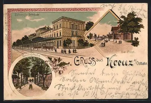 Lithographie Kreuz a. Ostbahn, Bahnhof von der Gleisseite, Post, Bahnhofstrasse