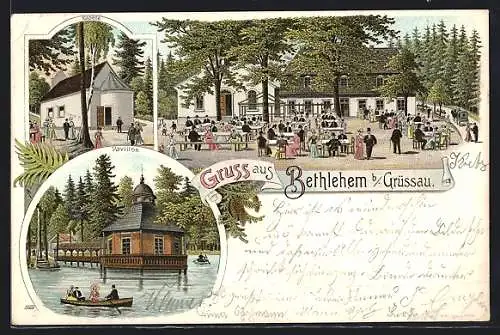 Lithographie Bethlehem b. Grüssau, Gasthaus, Kapelle, Pavillon