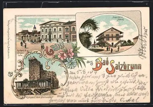 Lithographie Bad Salzbrunn, Gasthaus Schweizerei Idahof, Kurhaus und Elisenhalle