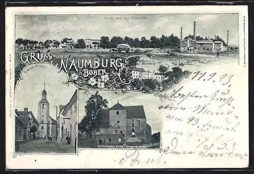 AK Naumburg am Bober, Bartholomäus-Kirche und Kriegerdenkmal, Schloss, Evangel. Kirche