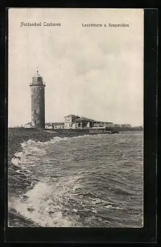 AK Cuxhaven, Nordseebad, Leuchtturm und Seepavillon