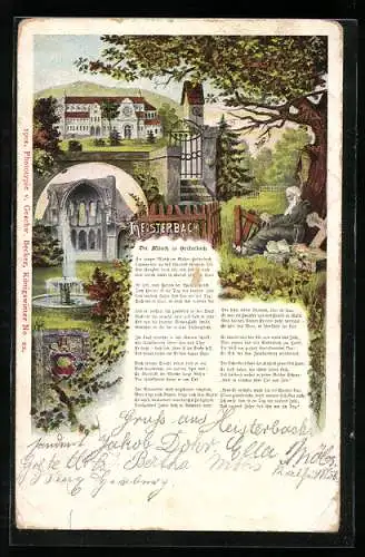 Lithographie Heisterbach, Der Mönch zu Heisterbach, Kirche, Brunnen