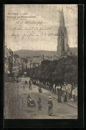 AK Marburg a. Lahn, Strasse Steinweg und Elisabethkirche