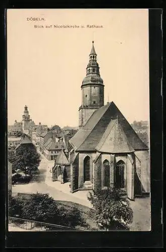 AK Döbeln, Blick auf Nicolaikirche und Rathaus