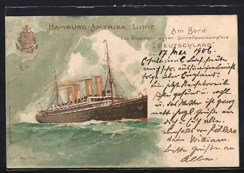 Lithographie Schnellpostdampfer Deutschland der Hamburg-Amerika Linie