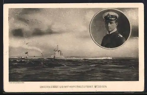 AK U-Boot U 9 mit Kapitänleutnant Otto Weddigen