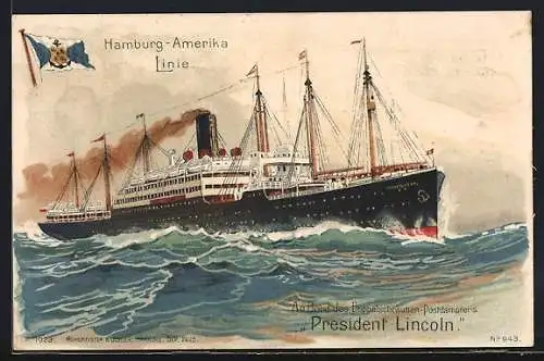 AK Reichspostdampfer President Lincoln unter Volldampf auf See mit Wellen, Fahne