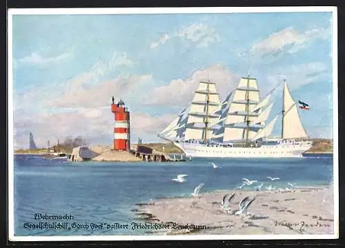Künstler-AK Segelschulschiff Gorch Fock passiert den Friedrichsort-Leuchtturm, Kriegsmarine