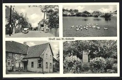 AK Kl.-Sisbeck, Gasthaus Zum Dorfkrug, Kriegerdenkmal, Teich mit Enten