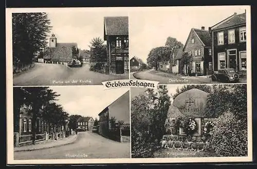AK Gebhardshagen, Partie an der Kirche, Dorfstrasse, Hauptstrasse, Kriegerdenkmal