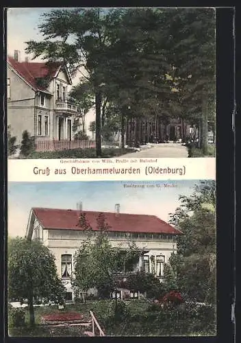AK Oberhammelwarden /Oldenburg, Geschäftshaus Wilhelm Pralle mit Bahnhof, Besitzung von G. Menke