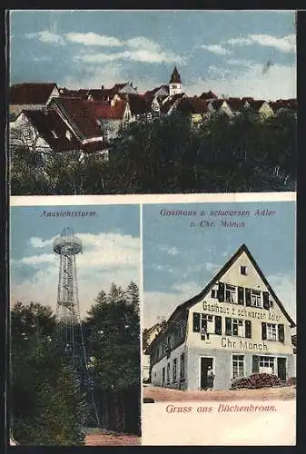 AK Büchenbronn / Pforzheim, Ortsansicht, Aussichtsturm, Gasthaus zum schwarzen Adler, Inh. Chr. Mönch