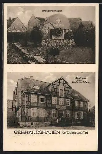 AK Gebhardshagen /Wolfenbüttel, Kriegerdenkmal, Gasthaus zum goldenen Löwen
