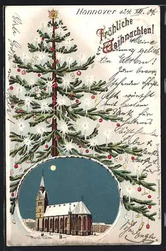 Winter-Lithographie Hannover, Die Marktkirche im Mondschein, Weihnachtsbaum im Passepartout, Weihnachtskarte