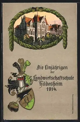 Lithographie Hildesheim, Landwirtschaftsschule im Lorbeerkranz, die Einjährigen, Studentenwappen, Absolvia 1914