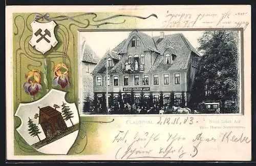 Passepartout-Lithographie Clausthal, Hotel Glück Auf, Wappen