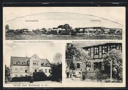 AK Schauen a. H., Gesamtansicht mit dem Lindenberg, Reichsfreiherrl. Grotesches Herrschaftshaus