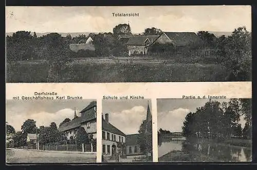 AK Sehlde a. Innerste, Gesamtansicht, Dorfstrasse mit Geschäftshaus Karl Brunke, Schule und Kirche, Flusspartie