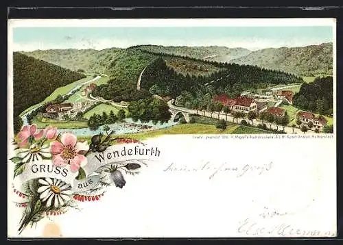 Lithographie Wendefurth, Gesamtansicht am Fluss mit der Brücke