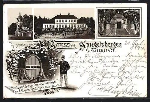 Vorläufer-Lithographie Halberstadt, 1894, Restauration Spiegelsberge, Aussichts-Thurm, Mausoleum, Weinfass