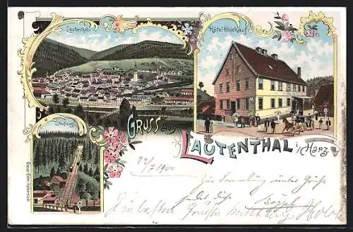 Lithographie Lautenthal, Panorama, Hotel Glückauf & Aufzug