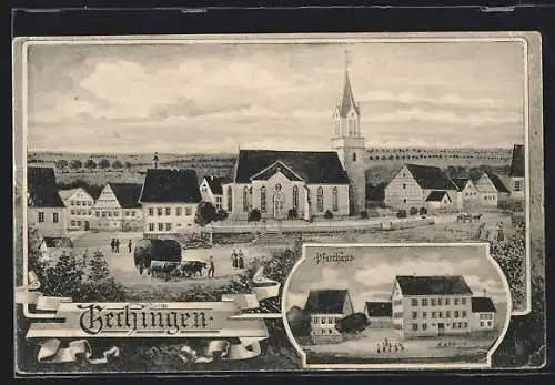 AK Gechingen, Ortsansicht mit der Kirche, das Pfarrhaus